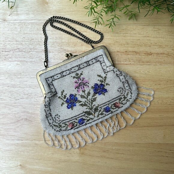 Antique Edwardian Fringe Flapper Purse Evening Bag Micro Seed Bead Floral Metal - Picture 16 of 16